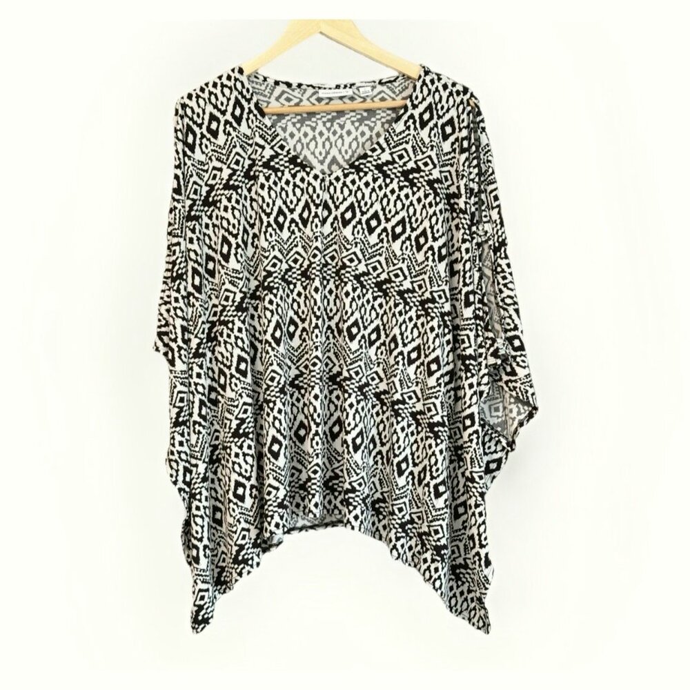 Susan Graver Liquid Knit White Black Cats Eye Flowy Top Women’s Large Glam